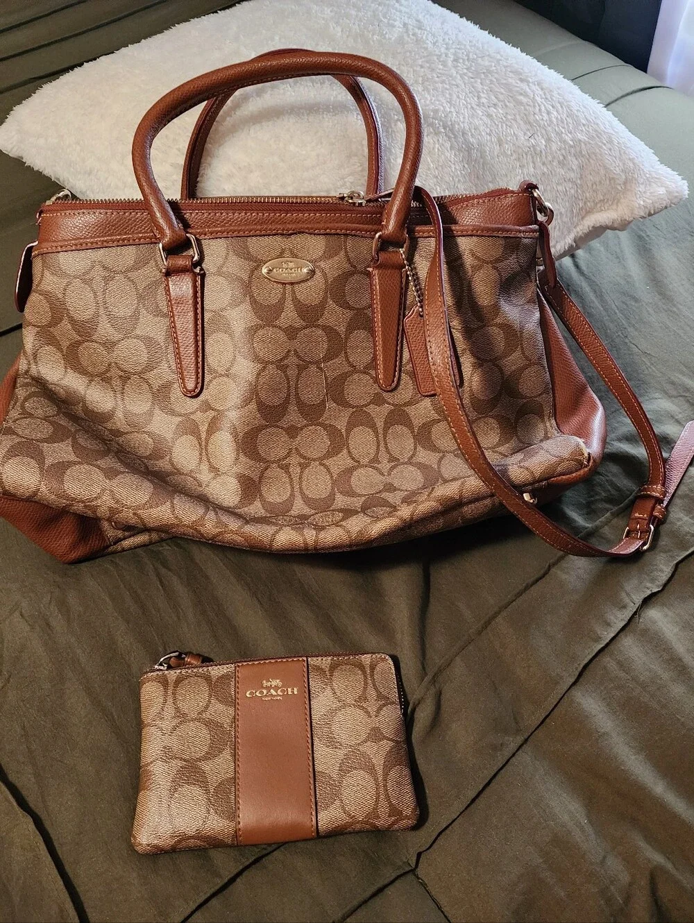 Coach Tan/Brown Signature Canvas Satchel with Wristlet